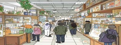 正太漫画同人志展览现场照片，展台上摆放着精美的正太风格漫画同人志与周边商品，读者驻足翻阅