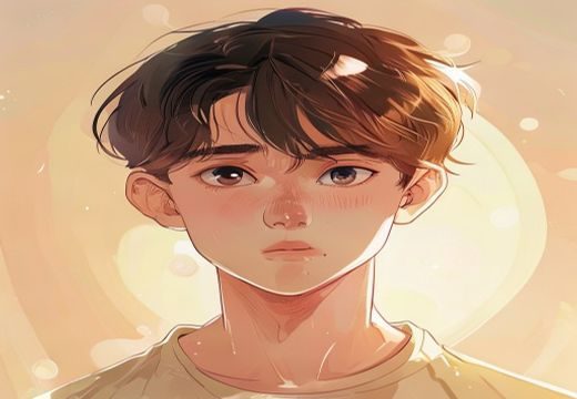 正太漫画风格人物插画，圆润头部比例与清澈大眼睛的少年角色，柔和暖光背景，日系漫画美学氛围浓郁